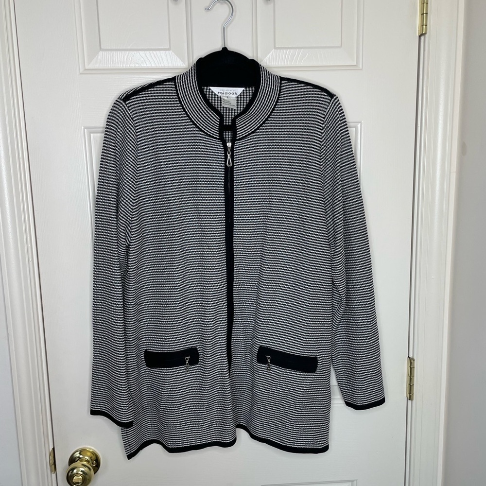 Exclusively Misook Black & White Textured‎ Zip-Up Knit Jacket Sweater L